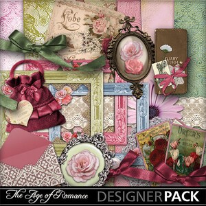 K&ouml;nnte beinhalten: Ein digitales Scrapbooking-Set mit einem romantischen Vintage-Thema. Das Set enth&auml;lt Bilder von Rosen, Spitze, Rahmen und ein Tagebuch mit dem Text "Diary 1904".