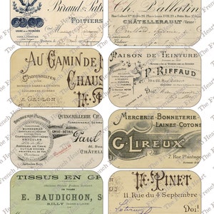 May include: Nine vintage French shop labels with decorative lettering and illustrations. The labels are printed on cream-colored paper with black and brown ink. The labels include names like "Birand & Patin", "Au Gamin de", "Quincaillerie Ch.", "Maison de Teinture", "Mercerie Bonneter", "Tissus en G", and "Le Pinel".