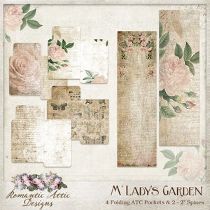 May include: A set of six vintage-style printable papers featuring a floral design with roses and butterflies. The papers are in shades of beige, brown, and pink. The text "M'LADY'S GARDEN" and "4 Folding ATC Pockets & 2 - 2" Spines" is printed at the bottom of the image.