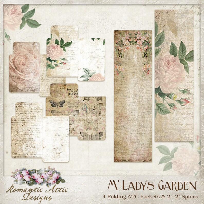 May include: A set of six vintage-style printable papers featuring a floral design with roses and butterflies. The papers are in shades of beige, brown, and pink. The text "M'LADY'S GARDEN" and "4 Folding ATC Pockets & 2 - 2" Spines" is printed at the bottom of the image.