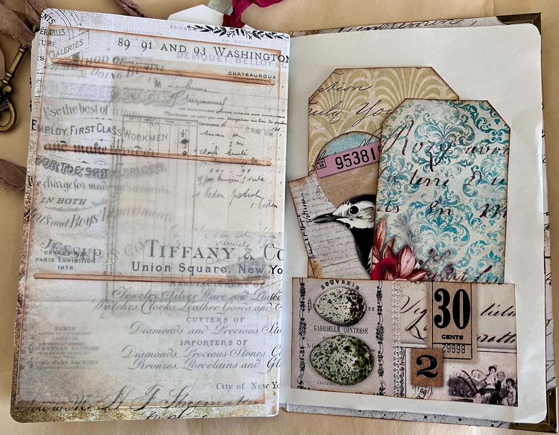 Vintage French Bird Ephemera Holder and Hybrid Junk Journal, 29 Pockets ...