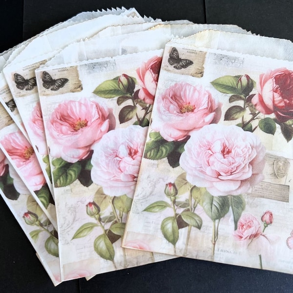 Old French Roses Glassine Bags, Pink Tea Rose, Butterfly, Vintage, Junk Journal, Mini Album, Soap Bags, Ephemera, Tag Bags, Gift Bag, 8pcs