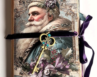 Father Christmas Junk Journal & Ephemera Folio, Winter Wonderland, 20 Pages, 23 Pockets, Velvet trim,  Baroque, Victorian, Wax Seals