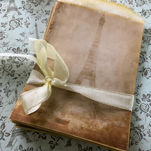 Vintage Eiffel Tower Paris Decoupaged Glassine Favor Bags, Collage, Vintage, French, Junk Journal, Mini Album, Ephemera, Tag Bag, Postcard