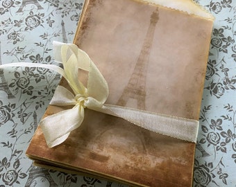 Vintage Eiffel Tower Paris Decoupaged Glassine Favor Bags, Collage, Vintage, French, Junk Journal, Mini Album, Ephemera, Tag Bag, Postcard