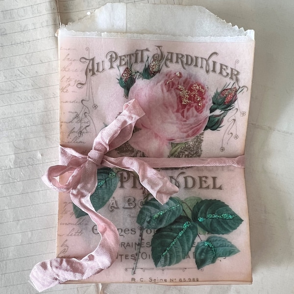 French Redouté Rose Decorative Glassine Bags, Vintage, Script, Junk Journal, Mini Album, French Ephemera, Tea Stain, Tag Bags, Botanical