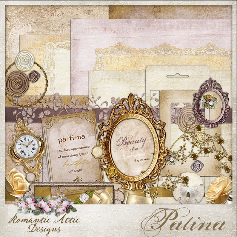 May include: A digital collage featuring a vintage aesthetic with gold and brown accents. The collage includes a clock, a quote about patina, a quote about beauty, and a decorative frame. The text reads "Patina: a surface appearance of something grown beautiful with age" and "Beauty is the illumination of your soul".