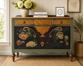 Hand-Painted Vintage Floral Dresser Restored All wood Chest Olive Green--SHIPPING IS FREE for Most Locations, See Description for details