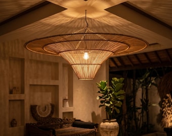 Japanese Rattan Pendant Light, Wabi Sabi Wicker Chandelier, Boho Straw Hat Hanging Lamp
