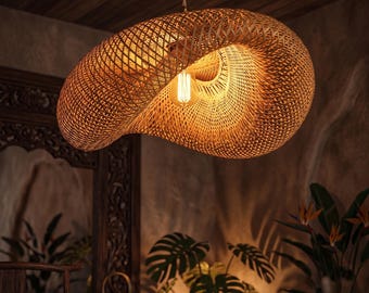 Large Bamboo Rattan Pendant Light, Organic Wave Boho Chandelier Japandi Wabi Sabi Ceiling Lamp, Handmade Hanging Lamp 3 Sizes