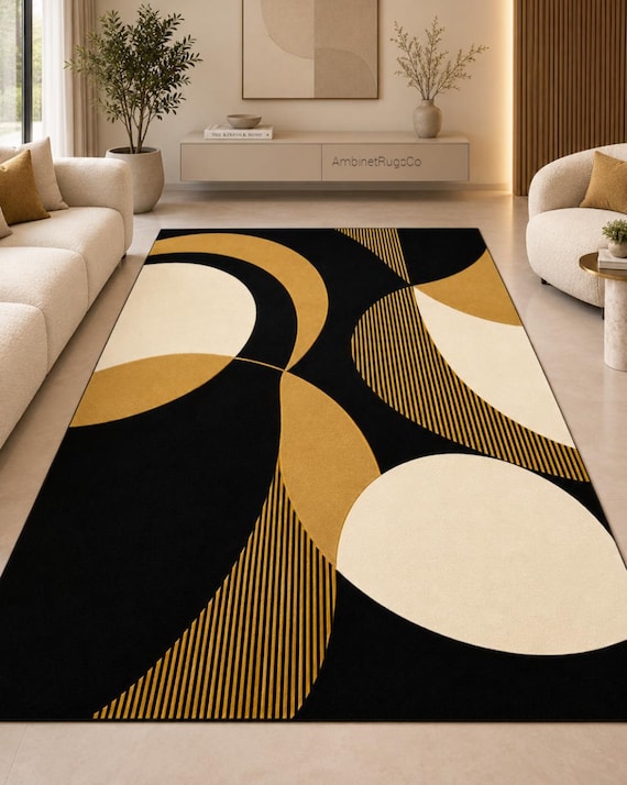 Black Gold Rug, Art Deco, MCM, 1920s Home Décor, Geometric Carpets, Luxury Carpet, Hand Tufted Wool, 6x9 Area Rug