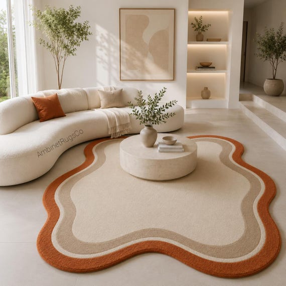 Organic Modern Rug, Wave Pattern Design, Burnt Orange Cream Carpet, Abstract Carpet, Irregular Shape, Luxury Living Room Decor