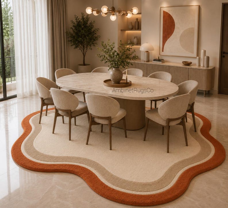 Op de afbeelding: Een onregelmatig, golvend vloerkleed met concentrische banen in cr&egrave;me, beige en gebrand oranje. Het kleed ligt onder een ovale eettafel met een licht stenen blad en een cilindrische voet, omringd door acht gestoffeerde stoelen.