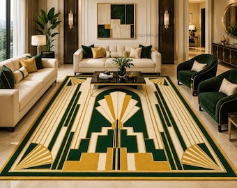 Op de afbeelding: Een rechthoekig vloerkleed met een geometrisch patroon in diepgroen, crème en goud. Het ontwerp bevat een centraal waaiermotief, getrapte architecturale vormen en waaieraccenten in de hoeken, wat zorgt voor een symmetrische indeling op de vloer.