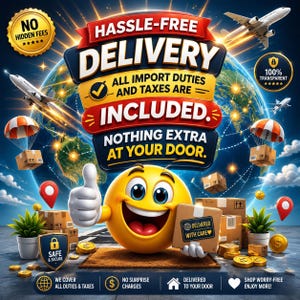 Op de afbeelding: Een afbeelding met een gele smiley die een duim omhoog steekt en een doos vasthoudt met het label 'DELIVERED WITH CARE'. De tekst luidt 'HASSLE-FREE DELIVERY', 'ALL IMPORT DUTIES AND TAXES ARE INCLUDED', 'NOTHING EXTRA AT YOUR DOOR', 'NO HIDDEN FEES' en 'SAFE & SECURE'.