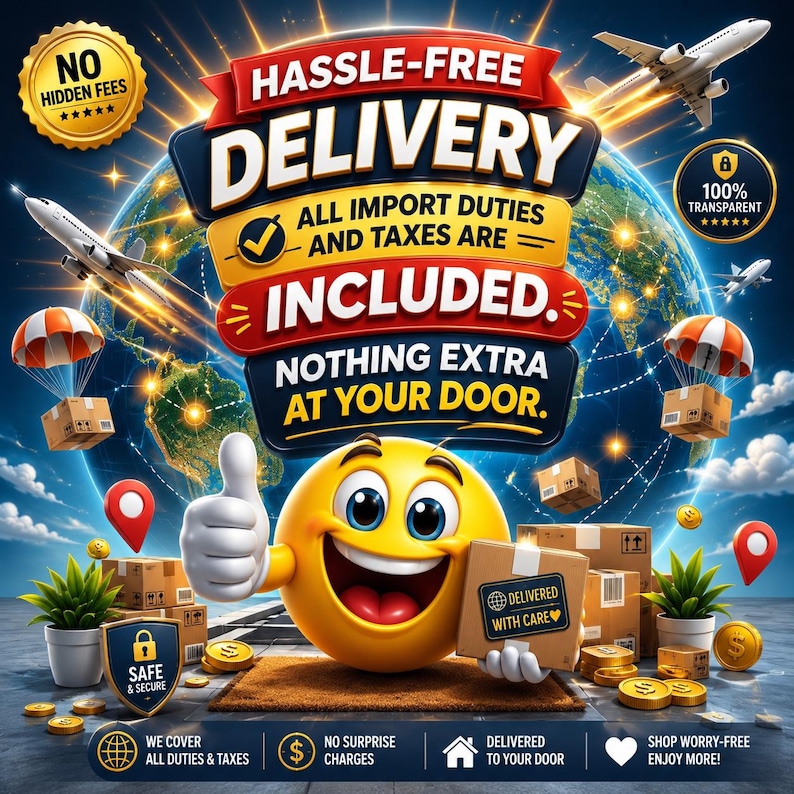 Op de afbeelding: Een afbeelding met een gele smiley die een duim omhoog steekt en een doos vasthoudt met het label 'DELIVERED WITH CARE'. De tekst luidt 'HASSLE-FREE DELIVERY', 'ALL IMPORT DUTIES AND TAXES ARE INCLUDED', 'NOTHING EXTRA AT YOUR DOOR', 'NO HIDDEN FEES' en 'SAFE & SECURE'.