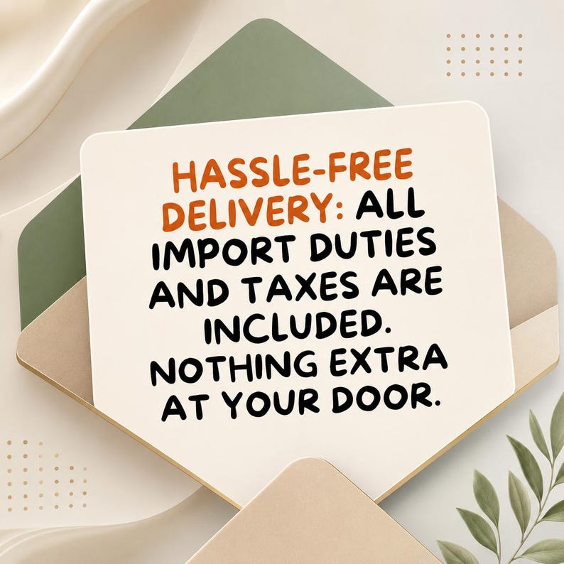 Op de afbeelding: Een rechthoekige witte kaart met afgeronde hoeken en oranje en zwarte tekst: HASSLE-FREE DELIVERY: ALL IMPORT DUTIES AND TAXES ARE INCLUDED. NOTHING EXTRA AT YOUR DOOR. De kaart ligt bovenop groene en beige papieren enveloppen.