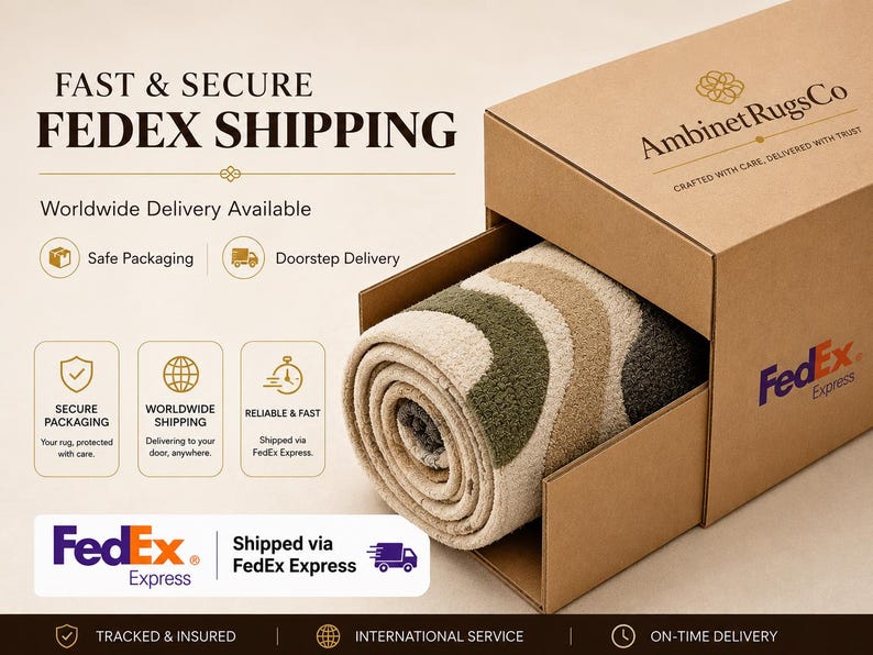 Op de afbeelding: Een opgerold tapijt met een golvend patroon in tinten olijfgroen, beige en donkergrijs, gedeeltelijk in een bruine kartonnen verzenddoos geplaatst met het AmbinetRugsCo-logo en FedEx Express-branding op de zijkant en de voorkant.