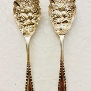 May include: Two silver-toned metal spoons featuring an ornate embossed design on the bowl. The pattern depicts a collection of fruits, including a pineapple, grapes, and leaves, with a decorative scalloped edge and a textured handle.