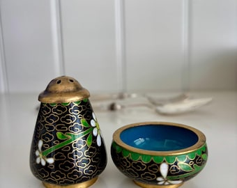 Vintage chino negro Cloisonné miniatura salero y pimentero set