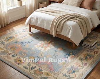 Handgemaakt vloerkleed met pastelkleurige bloemen | Vintage blauw boho-tapijt| Zacht ivoor traditioneel tapijt| 9 x 12 10 x 14 decoratie woonkamer slaapkamer geknoopt vloerkleed|