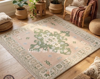 Hand Knotted Indian Wool Rug, Abstract Floral Boho Carpet, Living Room Bedroom Decor