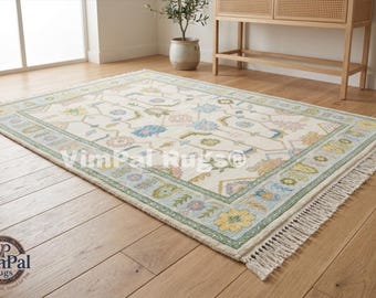 Hand Knotted Wool Area Rug, Pastel Floral Boho Carpet, Living Room Bedroom Traditional Style