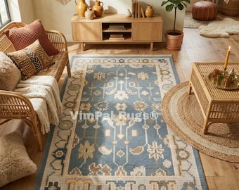 Hand Knotted Wool Area Rug, Dusty Blue Ivory Floral Boho Carpet