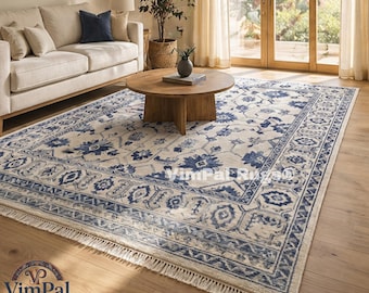Hand Knotted Wool Area Rug, Blue Ivory Abstract Floral, Modern Indian Home
