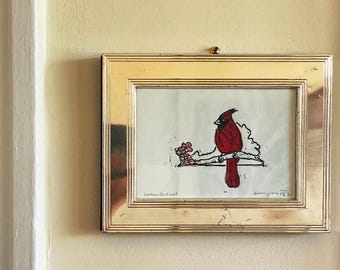 Northern Cardinal linocut print (state bird series: Virginia)