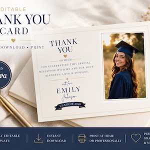 May include: Editable graduation thank you card with a photo frame. The card features the text "Thank You" and "Class of 2026". The design includes a photo of a graduate in a cap and gown. The card is fully editable and available for instant download.