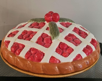Vintage CHERRY PIE DISH and lid 11" Ceramic Glazed Lattice Crust Cherry Clusters