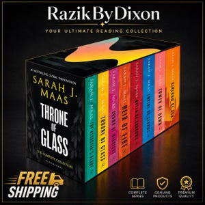 Könnte beinhalten: Ein Box-Set mit Fantasy-Romanen von Sarah J. Maas, der "Throne of Glass"-Reihe. Die Buchrücken sind farbenfroh gestaltet. Der Box-Set enthält den Text "Free Shipping" und den Serientitel.