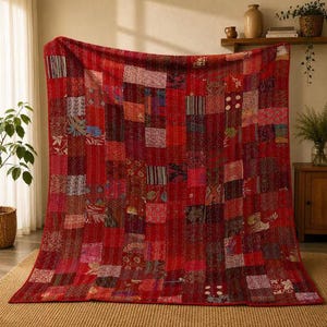 Puede incluir: Una colcha rectangular grande con un diseño de patchwork compuesto por numerosos cuadrados de tela en varios tonos de rojo. La colcha muestra una variedad de patrones intrincados, incluyendo motivos florales, formas geométricas y rayas, todo unido con líneas de costura visibles.