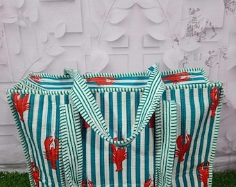 Katoenen draagtas met kreeftenprint, blauw gestreepte strandtas, handgemaakte schoudertas, zomerse tas in kuststijl, grote draagtas voor dagelijks gebruik, ideaal als cadeau.