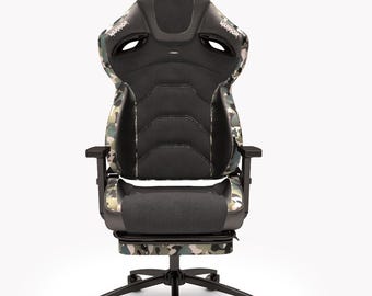 Fotel gamingowy ze specjalnym wzorem kamuflażowym.