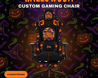 Custom Halloween Gaming Chair, 4D Armrest 180 Recline Fabric Racing Chair with Footrest, Pumpkin Witch Print, Made to Order