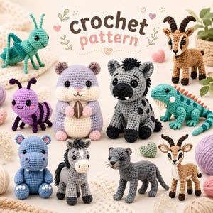 10 Wild Animal Crochet Patterns Bundle, Amigurumi PDF Pattern, Hyena Hamster Grasshopper Ibex Iguana Hippo Horse Impala Digital Download