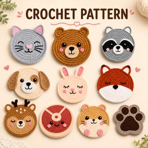 Lot de motifs au crochet visage animal, sous-verres au Crochet appliqué PDF, chat chien lapin ours raton laveur renard chevreuil patte téléchargement numérique