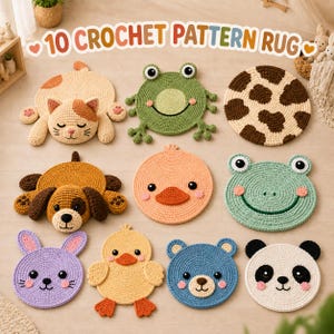 May include: Ten round crochet rugs featuring animal designs including a cat, frog, cow print, dog, duck, panda, and bear. The collection displays various colors like beige, green, brown, orange, purple, yellow, blue, and white with stitched details.