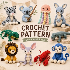 May include: A collection of crocheted animal figures including a leopard, koala, jellyfish, kangaroo with joey, lizard, lion, mouse, lobster, and monkey. The text CROCHET PATTERN Cute Animal Bundle is centered among the various colorful yarn toys.