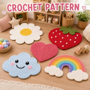 May include: A collection of five crochet patterns featuring a white daisy, a red strawberry, a pink heart, a light blue smiling cloud, and a colorful rainbow. The text CROCHET PATTERN is displayed at the top of the image in pink letters.