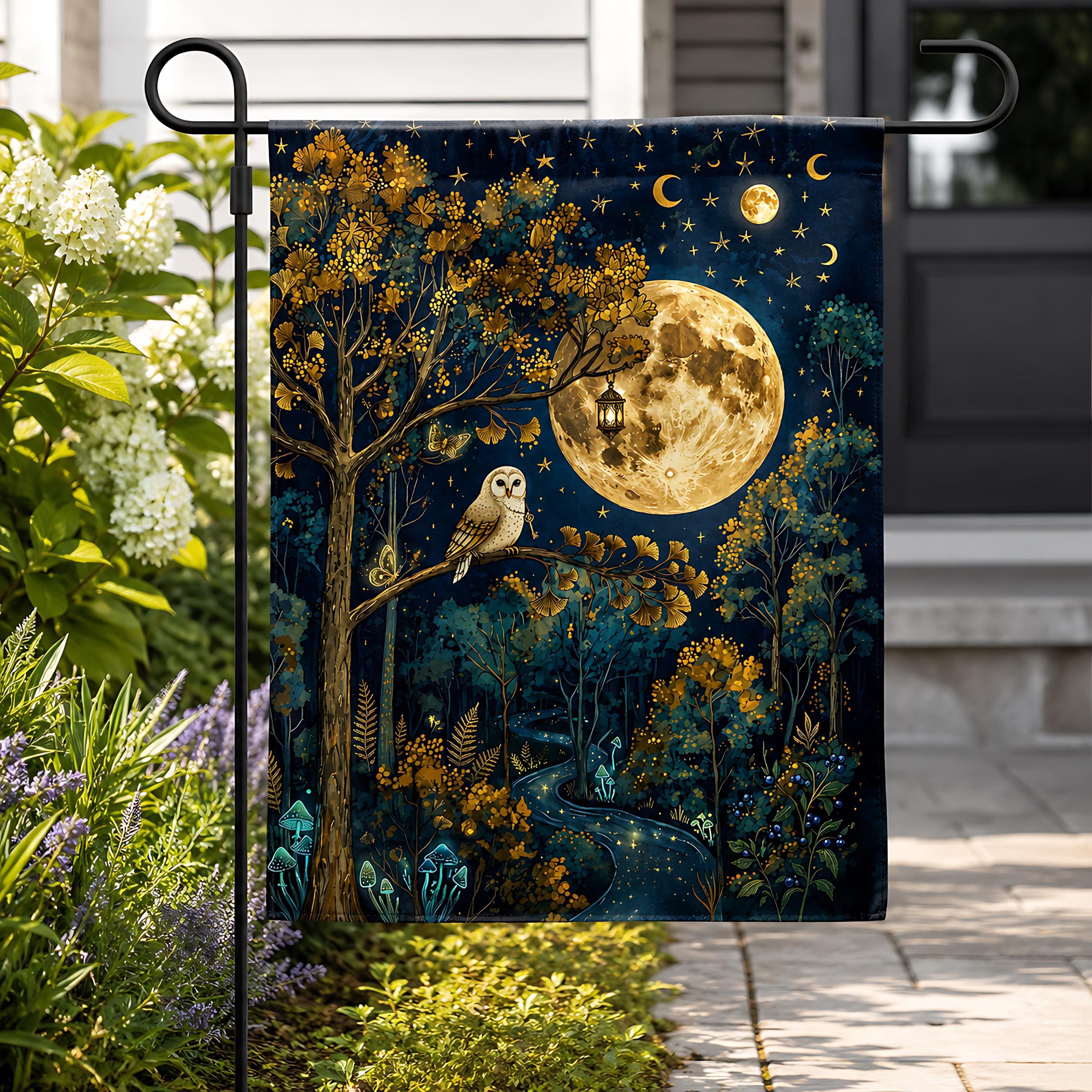 Full Moon Owl Garden Flag PNG, Autumn Forest Sublimation Design, Moody Fall Yard Flag, Printable Dig