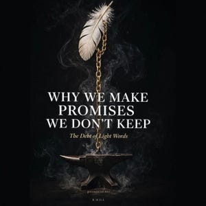 May include: A book cover titled WHY WE MAKE PROMISES WE DON'T KEEP The Debt of Light Words by R. HILL. The image features a white feather attached to a gold chain that connects to a dark metal anvil, all surrounded by wisps of smoke on black.
