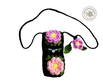 Bolso para teléfono de ganchillo hecho a mano con diseño floral, bolso bandolera cuadrado negro estilo abuela con correa floral.