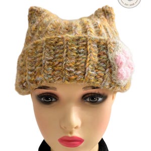 Handmade Crochet Cat Ear Beanie, 7-Strand Art Yarn, 3D Paw Patch