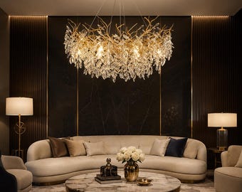 Hand Crafted Crystal Branch Round Chandelier – Gold Modern Ceiling Light Fixture
