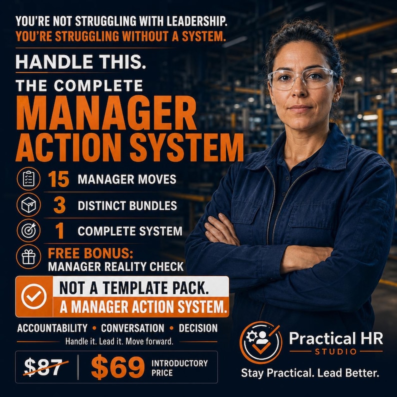 Op de afbeelding: Een digitale advertentie voor The Complete Manager Action System. De tekst luidt: You're not struggling with leadership. You're struggling without a system. Handle this. 15 manager moves, 3 distinct bundles, 1 complete system en een bonus.