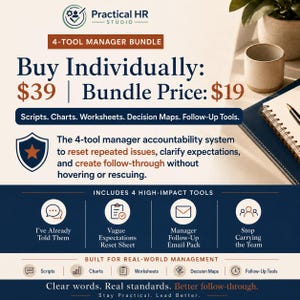 Pode incluir: Um gráfico digital para um pacote de 4 ferramentas de gestão da Practical HR Studio. Lista scripts, gráficos, planilhas, mapas de decisão e ferramentas de acompanhamento. O texto inclui preços e a frase Clear words. Real standards.