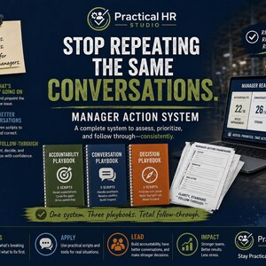 May include: A Practical HR Studio manager action system kit featuring three spiral-bound playbooks in green, blue, and orange, a laptop displaying a manager reality check dashboard, a stack of white framework documents, and a branded navy blue mug.